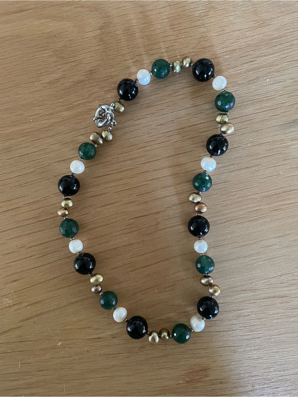 Vintage Green, Black & Pearl Beaded Necklace